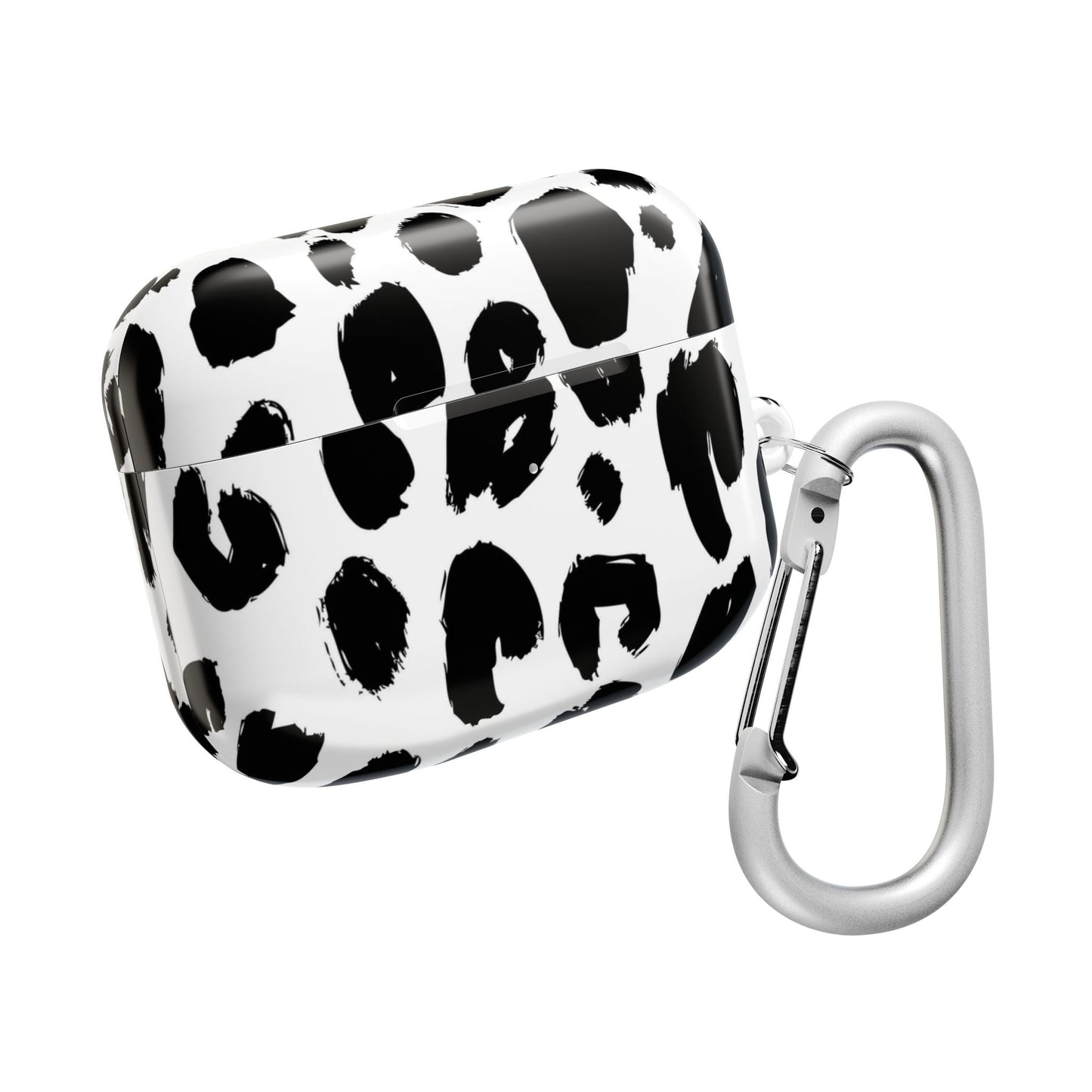 Black and white spotted polycarbonate AirPod case with carabiner clip, slim and lightweight design