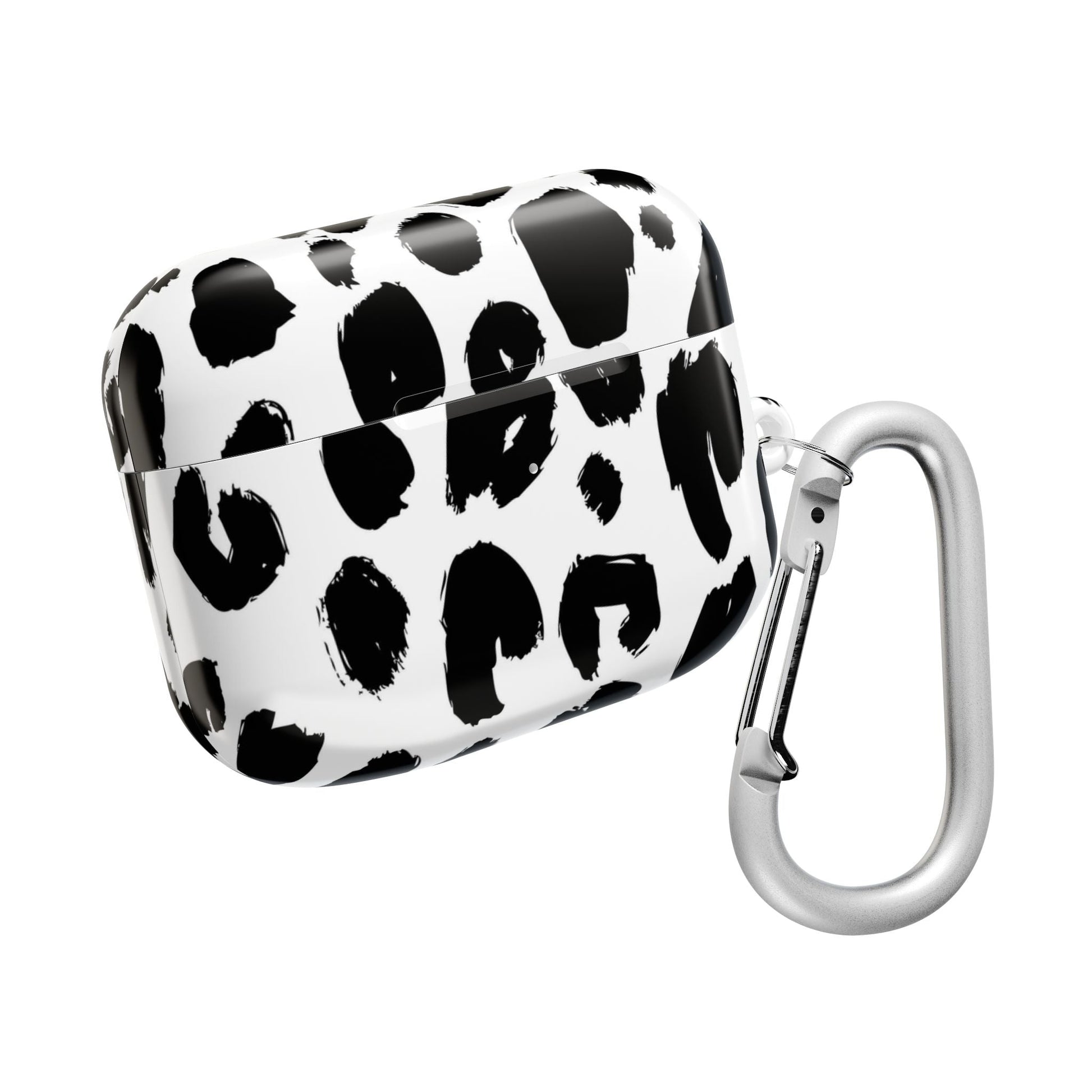 Black and white spotted polycarbonate AirPod case with carabiner clip, slim and lightweight design