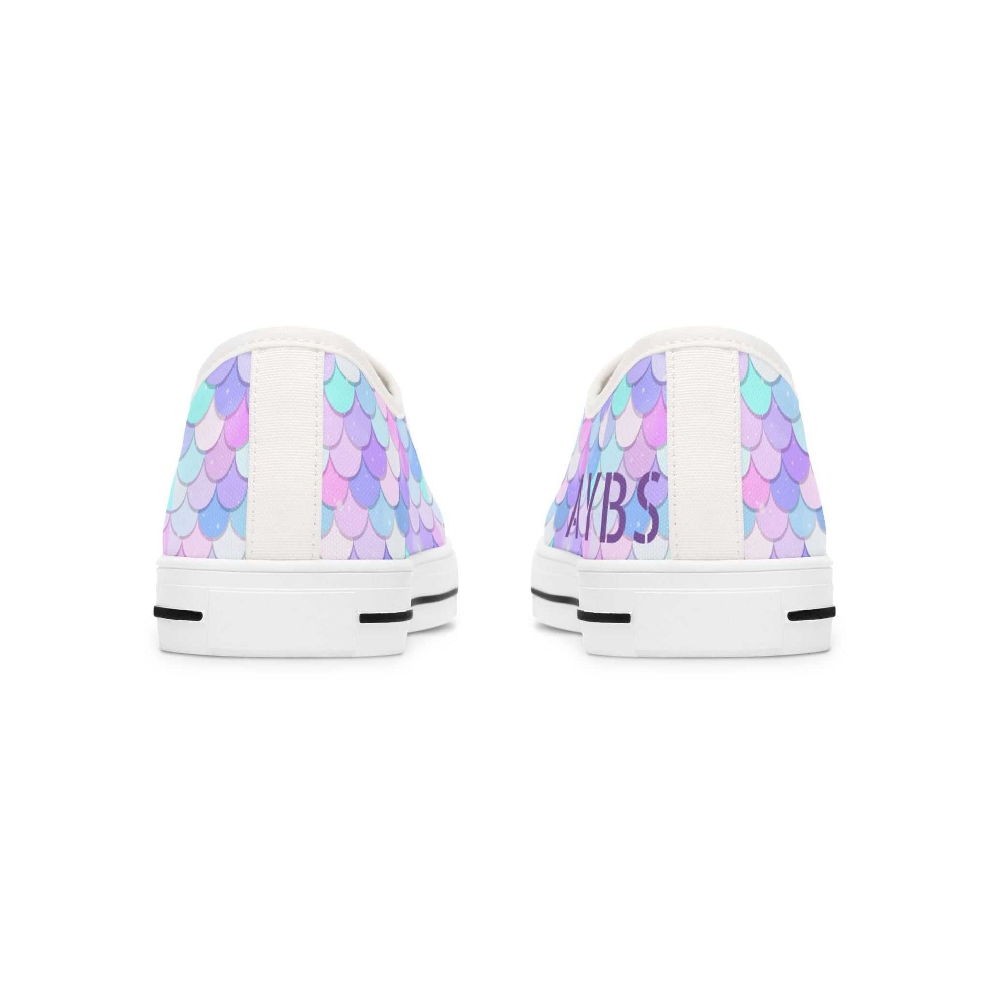 Women's low top sneakers with pastel mermaid print and white soles, breathable canvas, and comfortable design