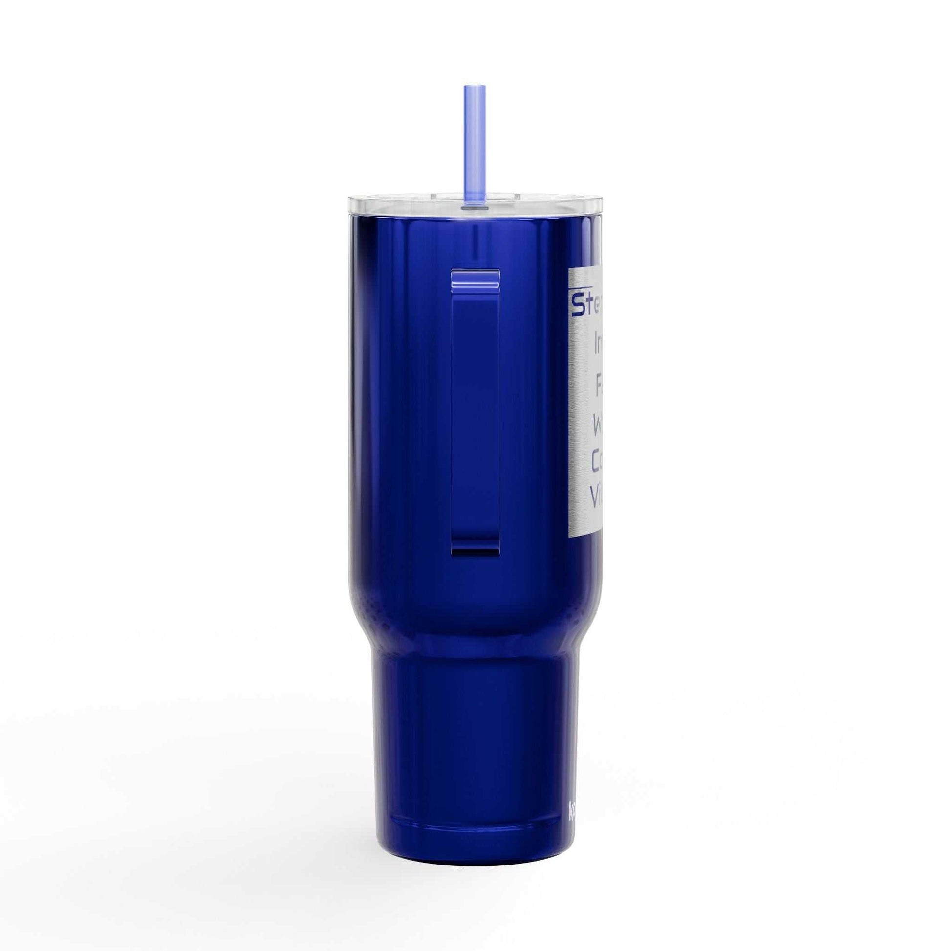 Cozy Vibes Insulated Tumbler 40oz blue travel mug with handle, straw, and spill-resistant lid