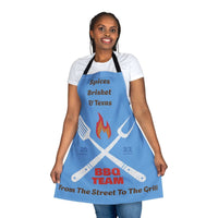 Blue apron with 5-color straps, BBQ Team design, 100% polyester canvas, tie-back closure, one size.