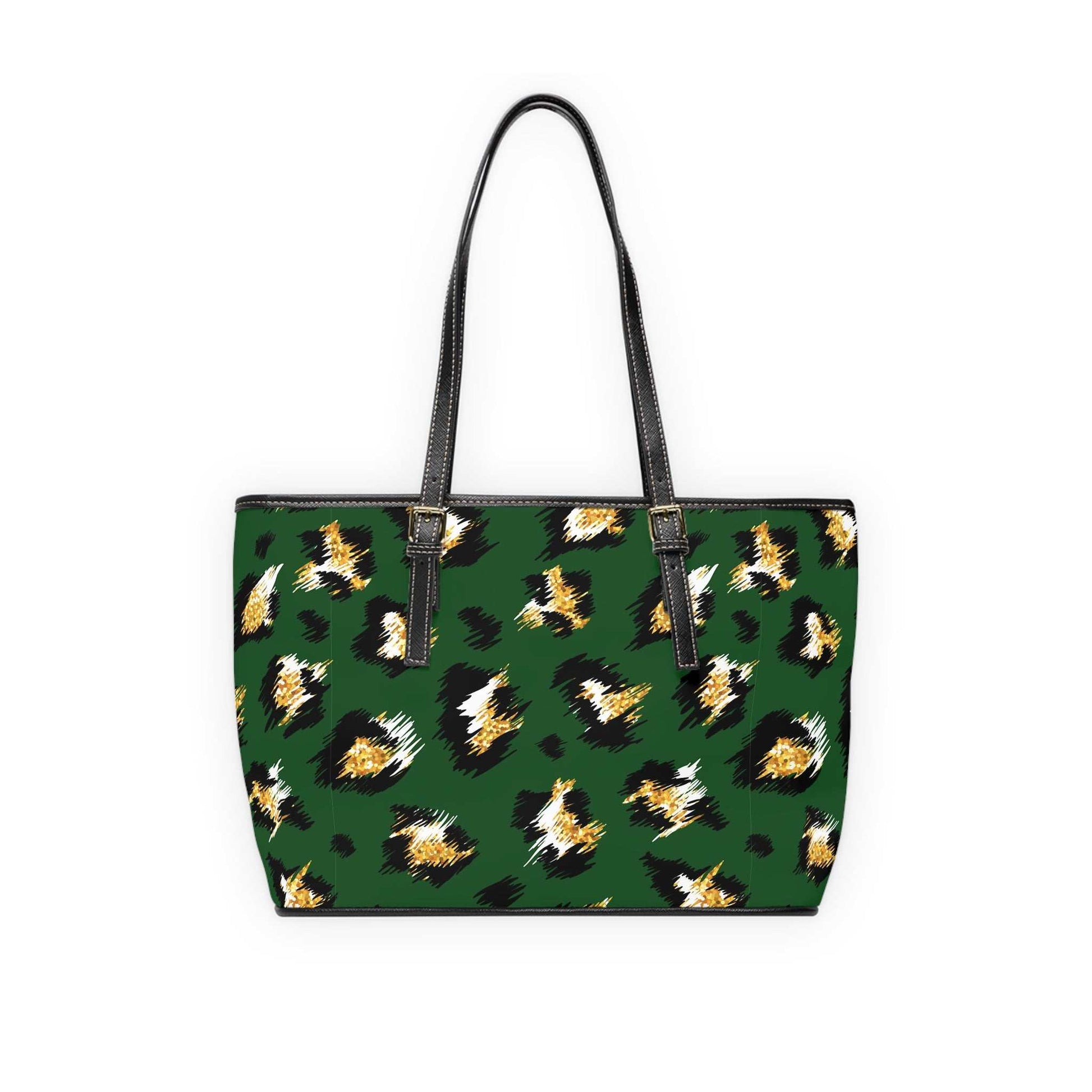 Stylish leopard print shoulder bag in green with black handles, PU leather fashion tote for work and casual use