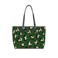 Stylish leopard print shoulder bag in green with black handles, PU leather fashion tote for work and casual use