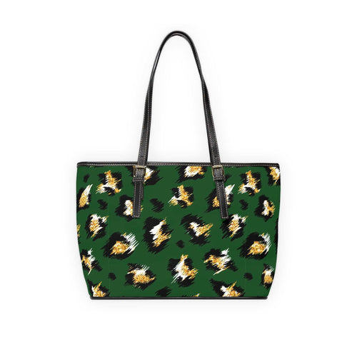 Stylish leopard print shoulder bag in green with black handles, PU leather fashion tote for work and casual use