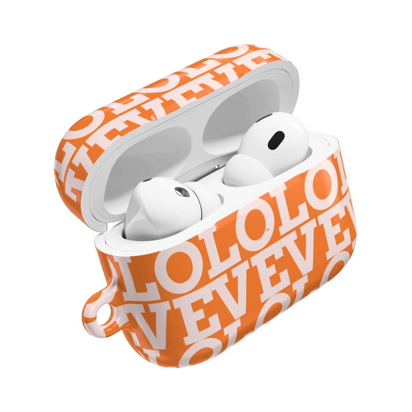Orange and white patterned AirPod case with 3D full-wrap design and carabiner, slim polycarbonate protective cover