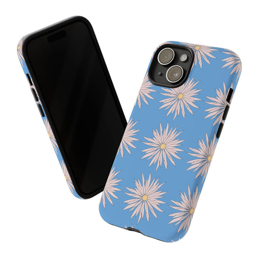 Blue daisy pattern phone case with durable shock-absorbing design and wireless charging support