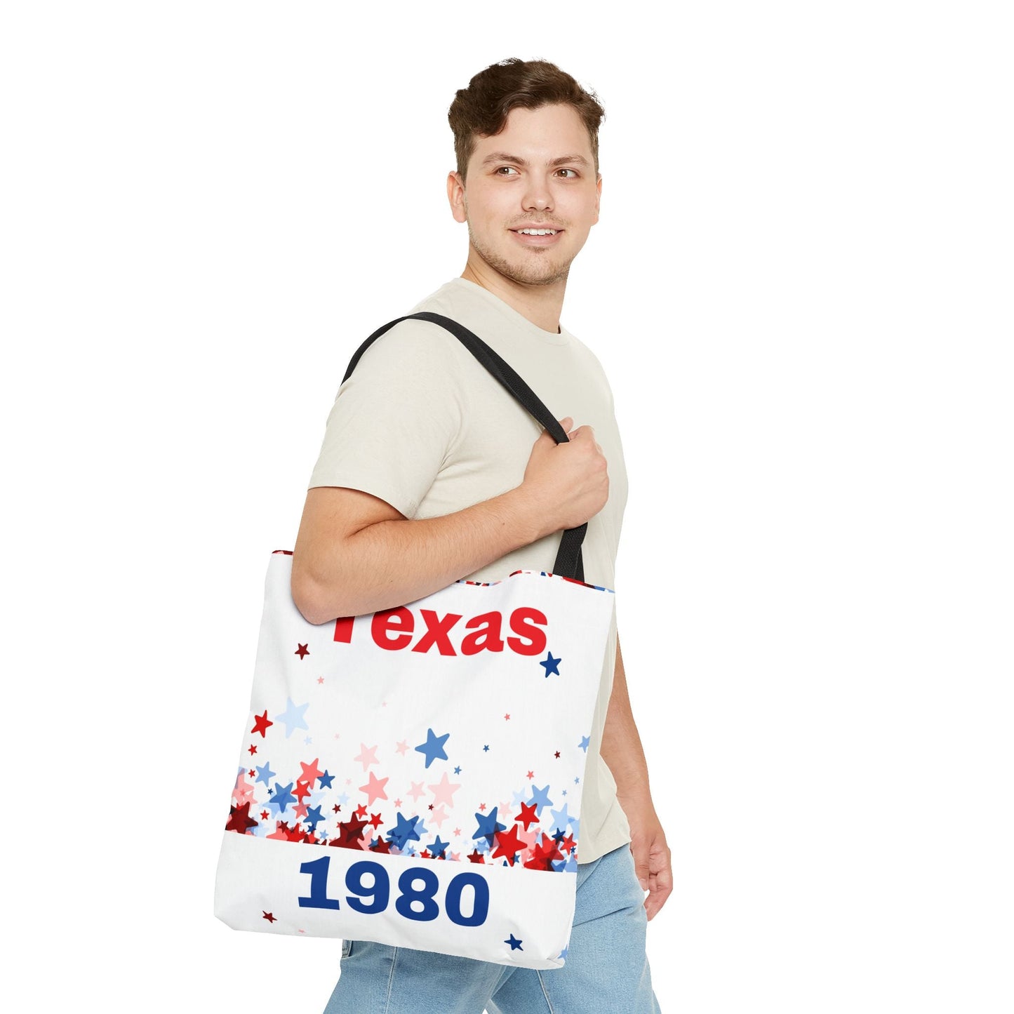 Man carrying chic tote bag with Texas 1980 design and star pattern over shoulder