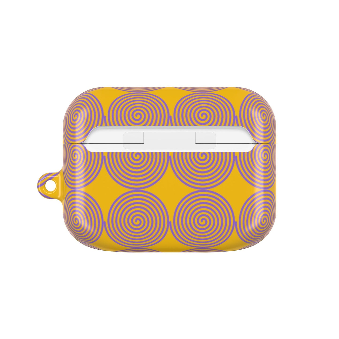 Yellow AirPod case with purple spiral pattern, slim polycarbonate protective cover with carabiner slot