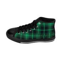 Men's stylish green plaid high-top sneakers with black accents and rubber sole