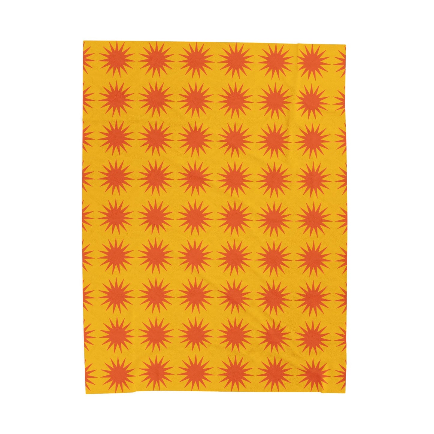 Cozy Velveteen Plush Blanket with vibrant orange sunburst pattern on yellow background, soft and luxurious polyester fabric for warmth and home decor