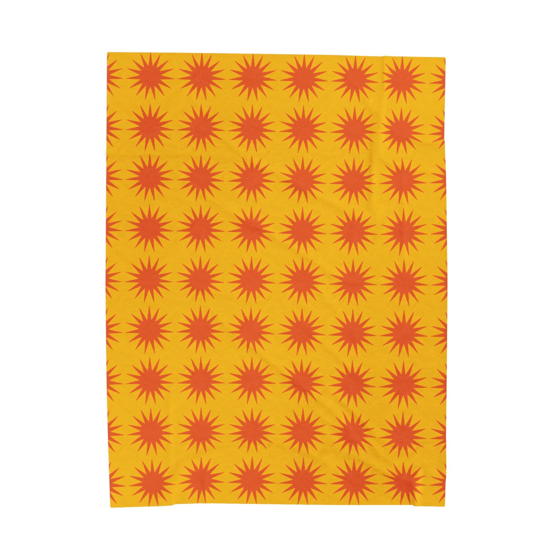 Cozy Velveteen Plush Blanket with vibrant orange sunburst pattern on yellow background, soft and luxurious polyester fabric for warmth and home decor