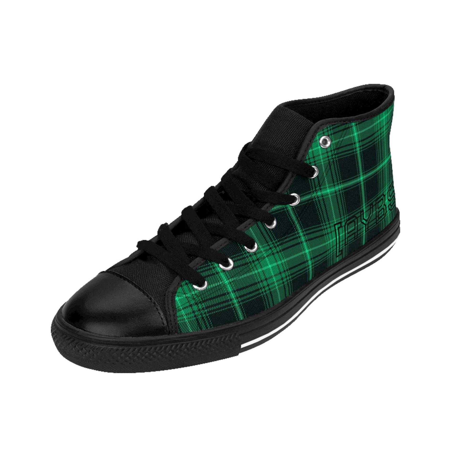 Green plaid sneakers for men with black toe cap and laces, high-top style shoe.