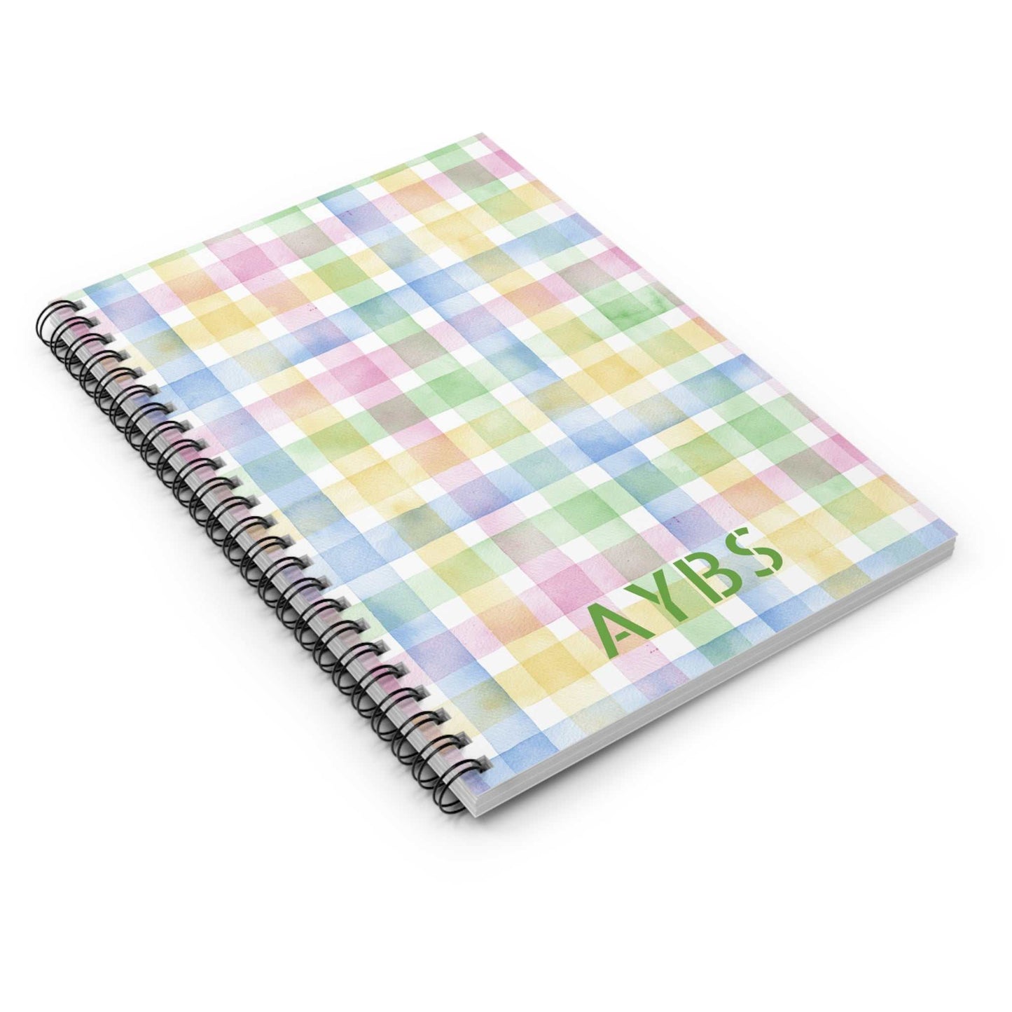 Cute checkered watercolor spiral notebook with ruled pages and metal binding