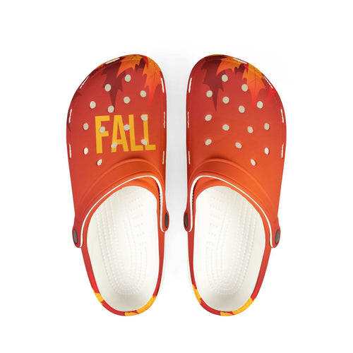 Fall-themed EVA foam clogs with vibrant orange autumn leaf design and comfort sole