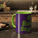 Colorful custom mug with purple exterior and green interior, bold text design, glossy ceramic finish, kitchen countertop background