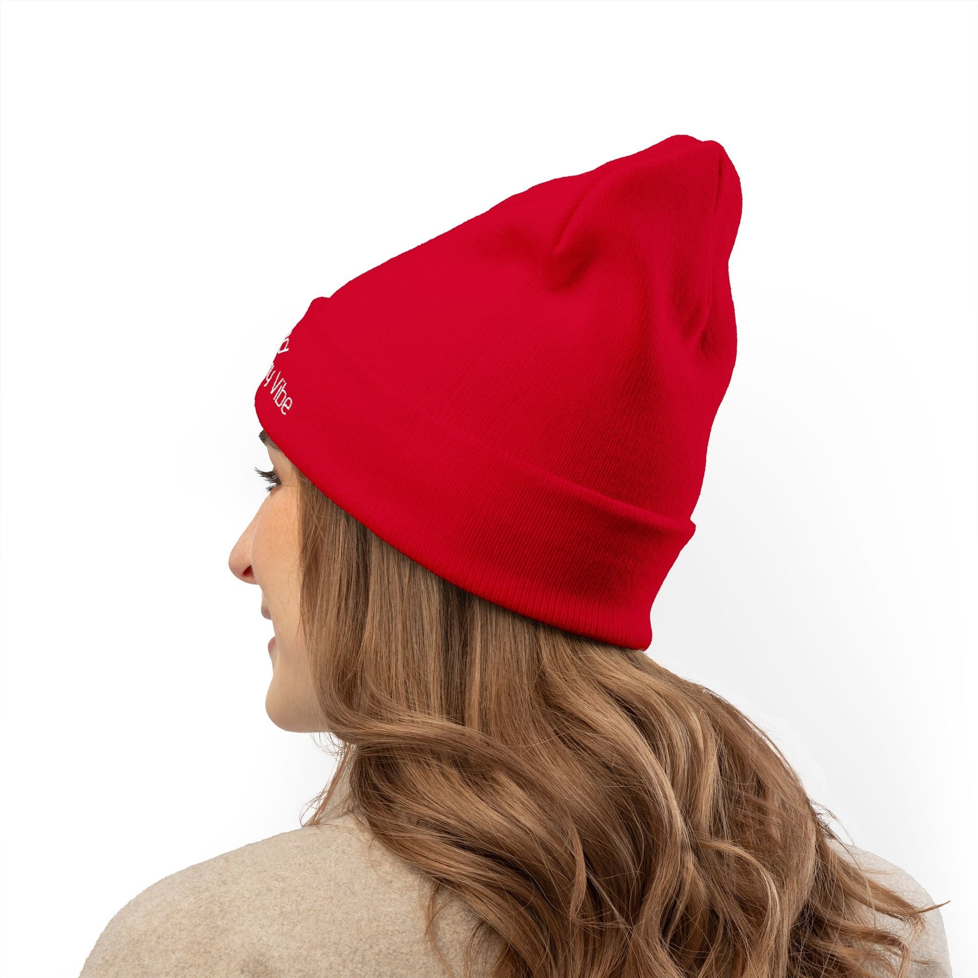 Red knit beanie with embroidered logo, cozy winter hat, stylish casual headwear for women