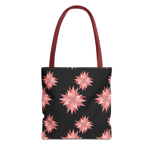 Colorful AOP Tote Bag with pink floral design on black background and maroon handles, reusable shopping bag