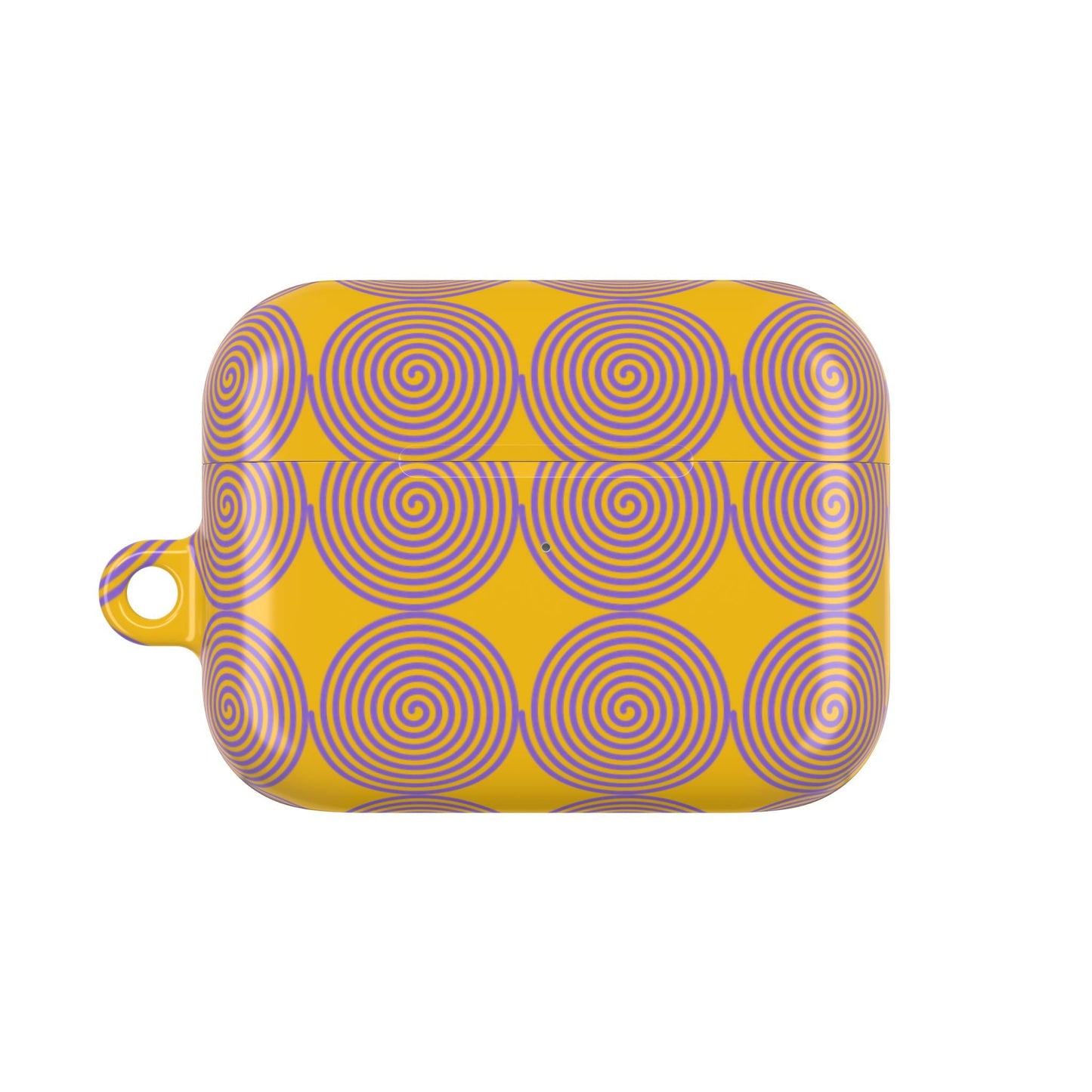 Yellow AirPod case with purple spiral pattern, slim polycarbonate, glossy finish, and carabiner attachment