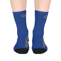 blue Language Love Mid-length Socks with black heels and toes, cozy and stylish coffee lover gift