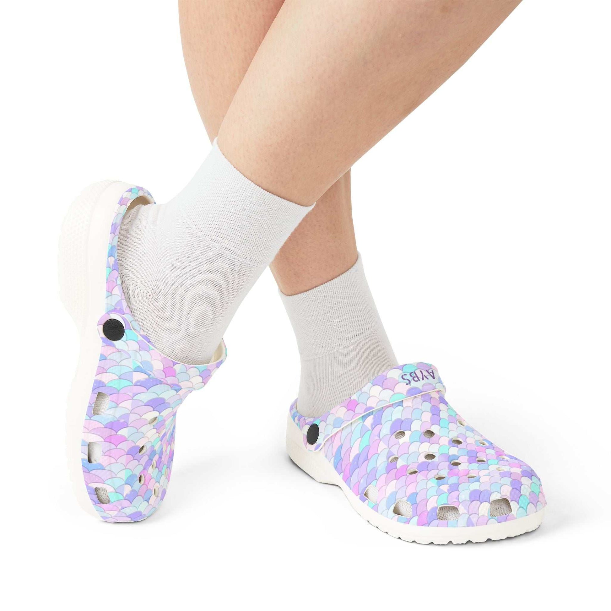 Shell AOP EVA Foam Shoes lightweight colorful clogs with soft EVA sole and anti-slip design worn with white socks