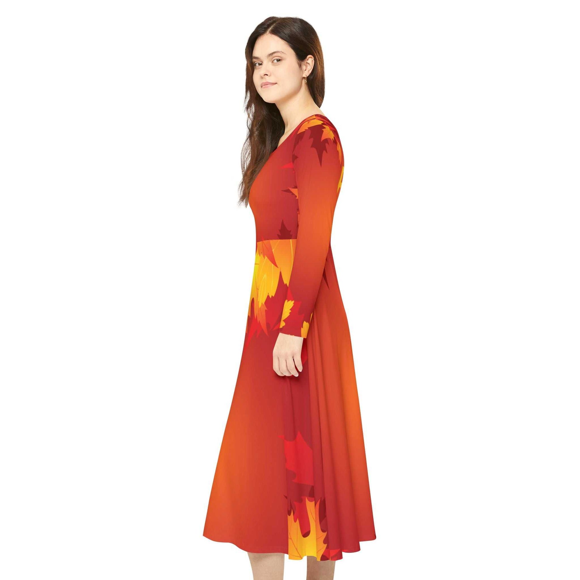 Fall-inspired women's long sleeve dance dress with vibrant autumn leaves design and high-cut neckline