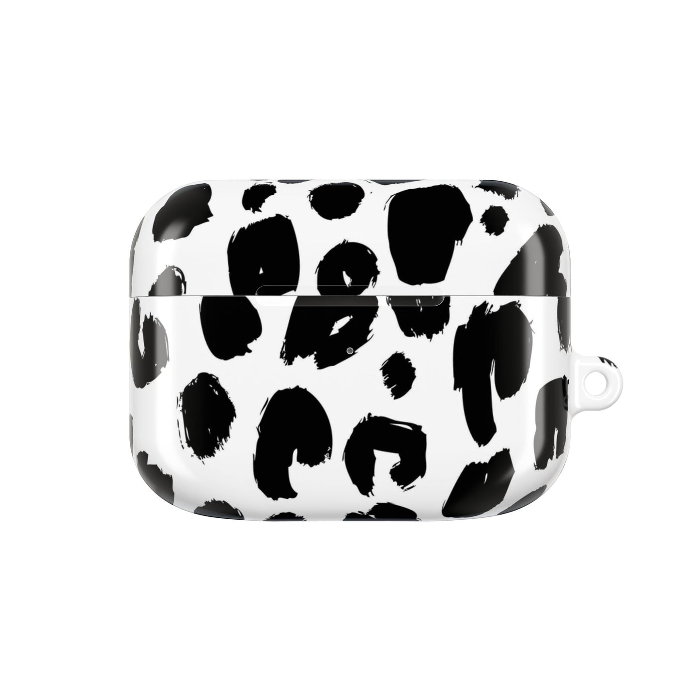 Black and white spotted glossy AirPod case with carabiner attachment, slim and scratch-resistant polycarbonate material design