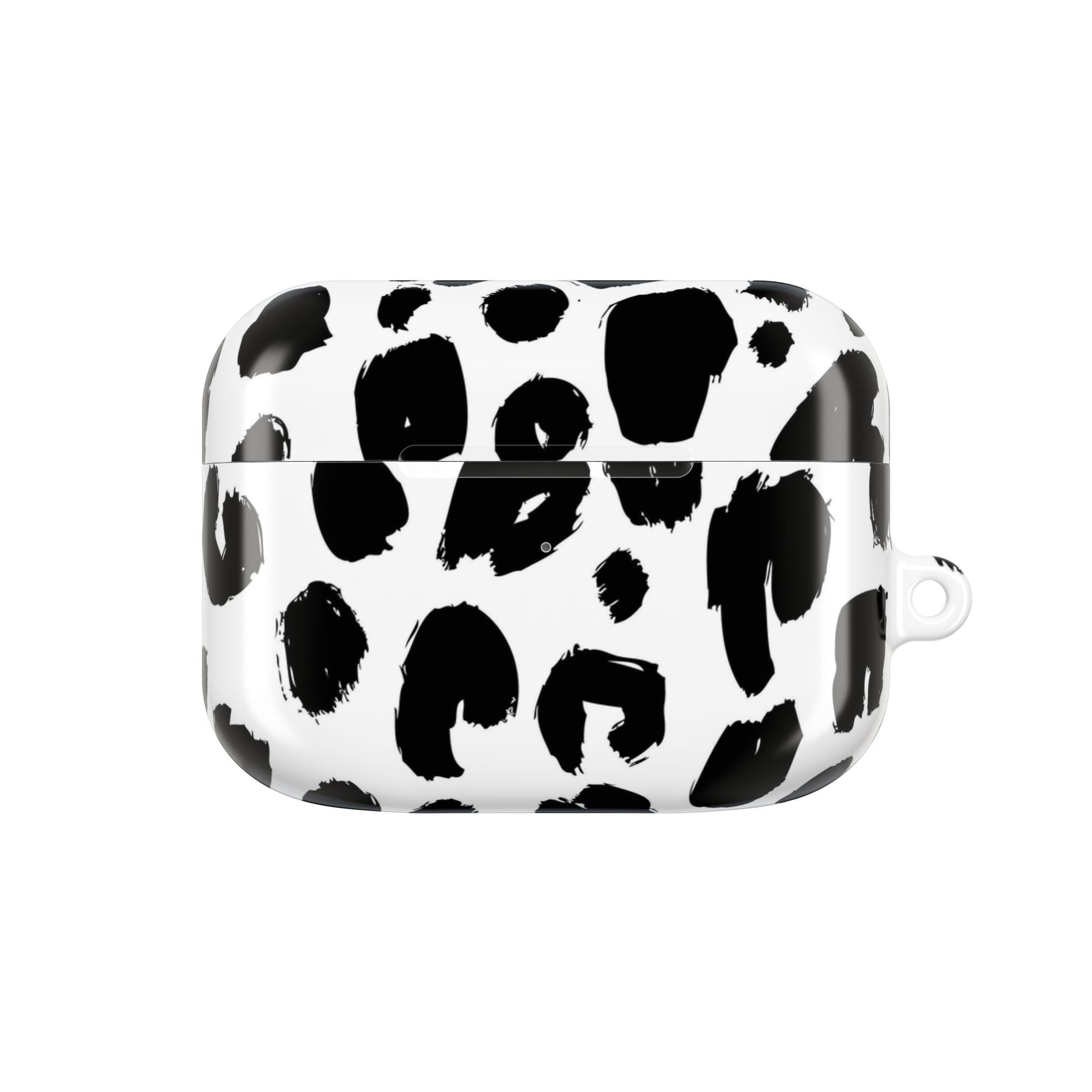 Black and white spotted glossy AirPod case with carabiner attachment, slim and scratch-resistant polycarbonate material design