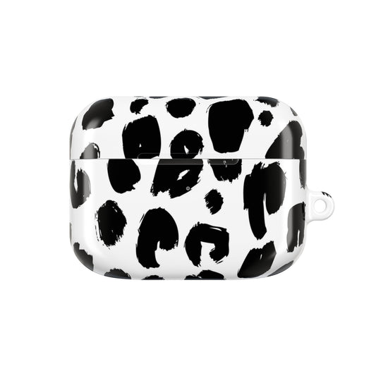 Black and white spotted glossy AirPod case with carabiner attachment, slim and scratch-resistant polycarbonate material design