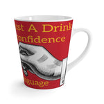 Coffee Lovers Latte Mug with red background and vintage hand illustration, microwave and dishwasher safe, ergonomic handle, 12oz capacity