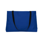 Blue Coffee Lover's Weekender Tote Bag with black handles, spacious and wrinkle-resistant travel bag