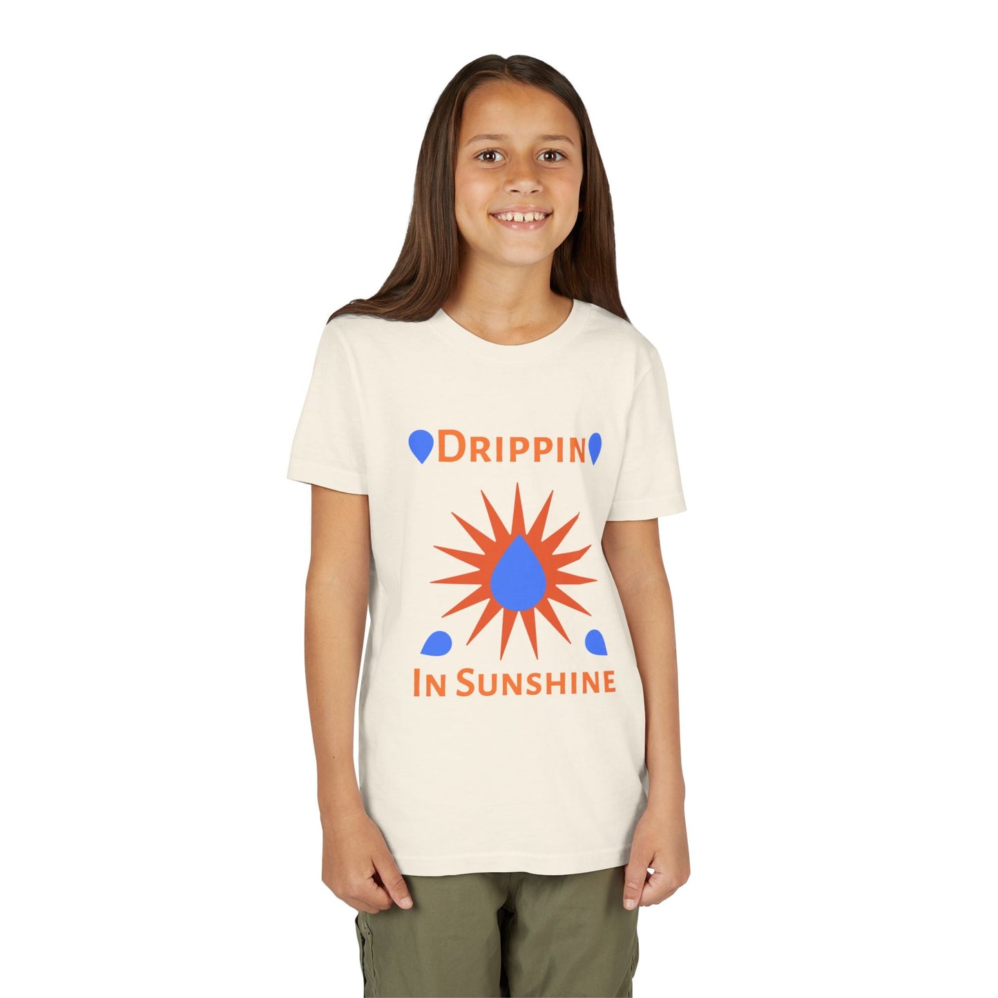 Child wearing white youth short sleeve tee with orange and blue "Drippin In Sunshine" graphic design