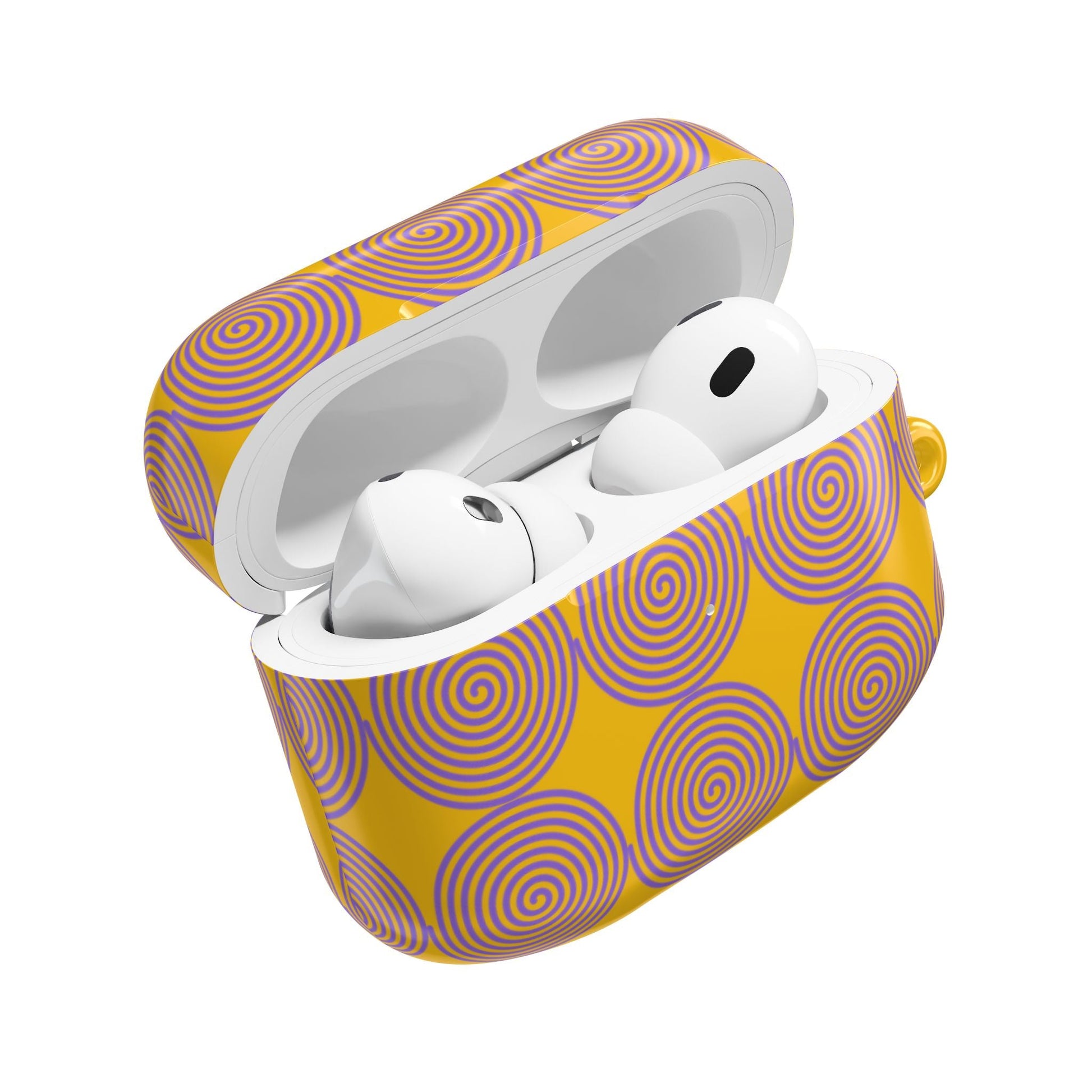 Yellow AirPod case with purple swirl design, slim polycarbonate protective cover with gloss finish and carabiner.
