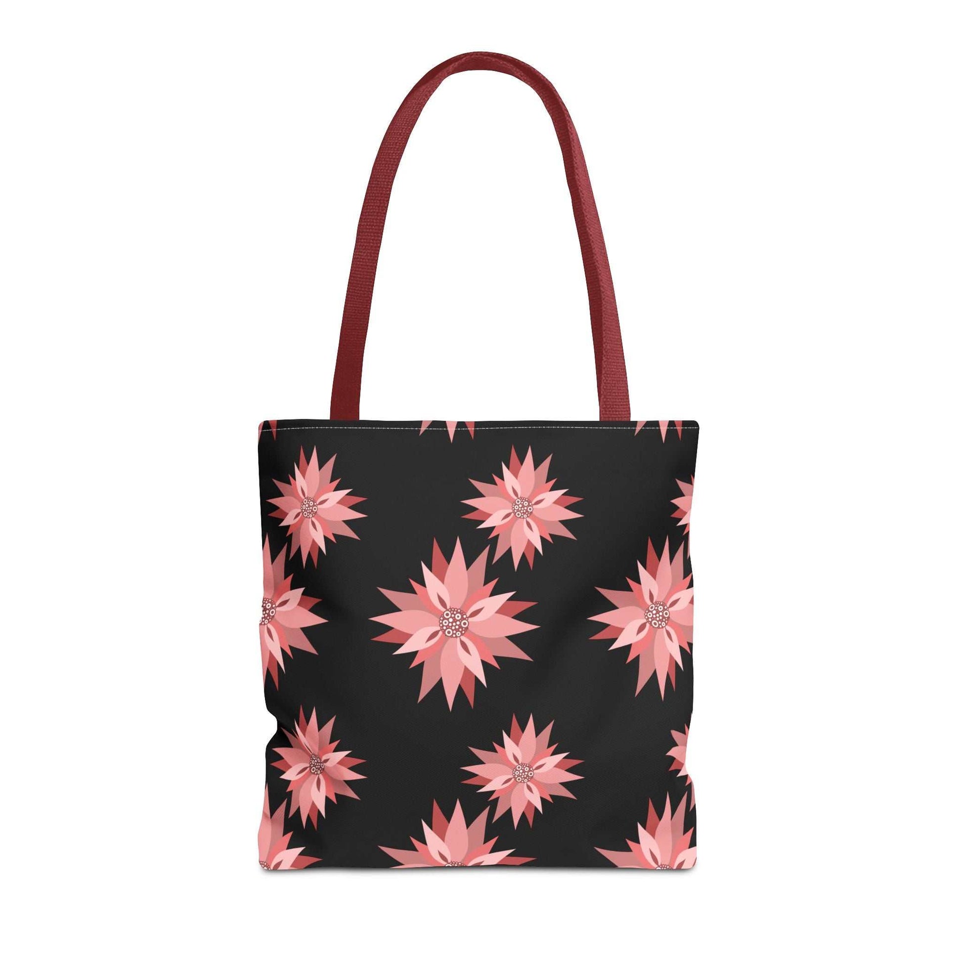 Colorful AOP Tote Bag with pink floral pattern and red handles, durable reusable shopping bag