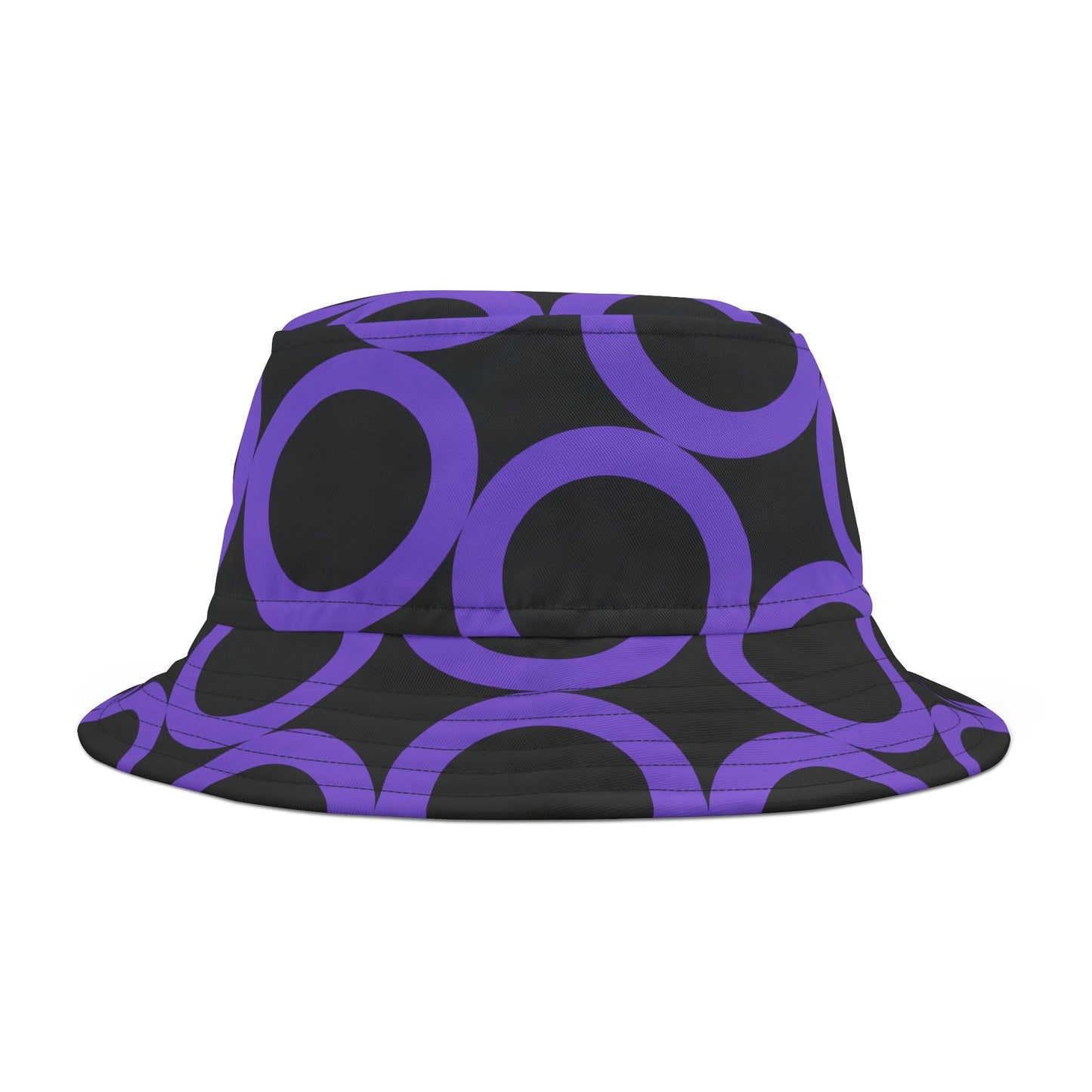 Purple Dot Pattern Bucket Hat in black with large purple circles, adjustable summer sun hat