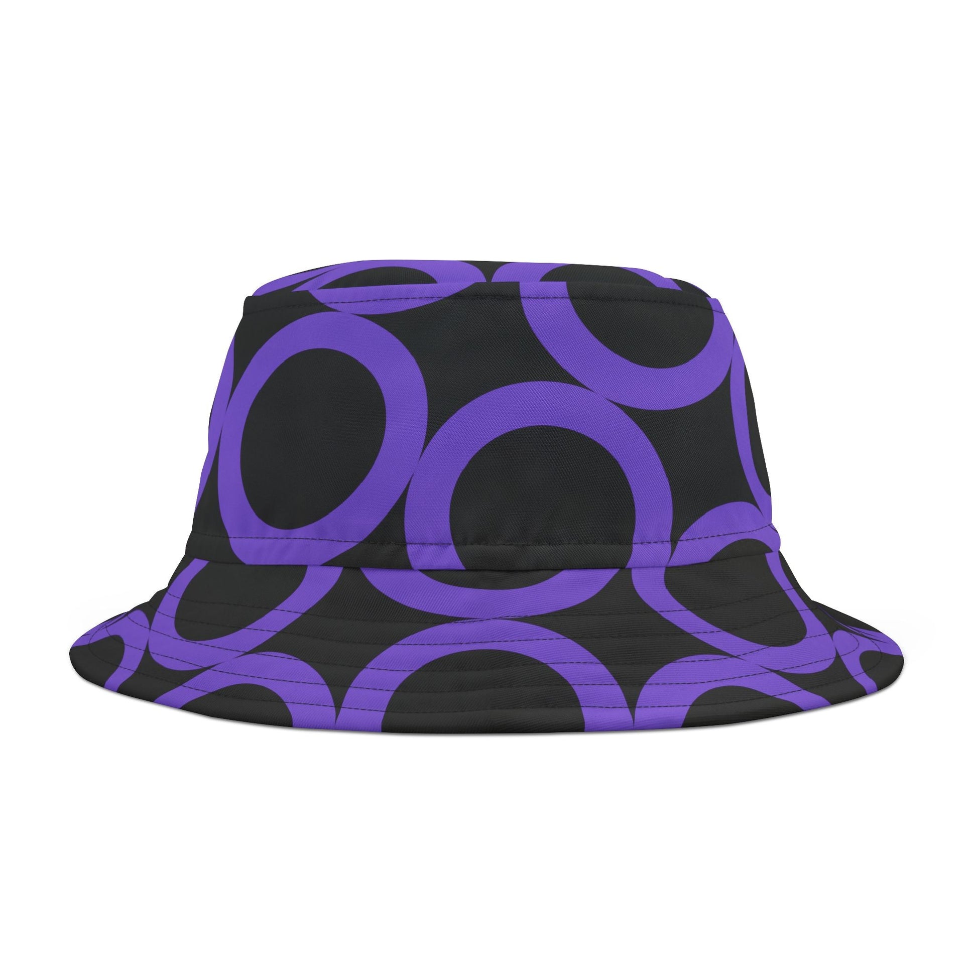 Purple Dot Pattern Bucket Hat in black with large purple circles, adjustable summer sun hat