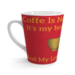Coffee Lovers Latte Mug red ceramic with yellow text and ergonomic C-handle for coffee enthusiasts