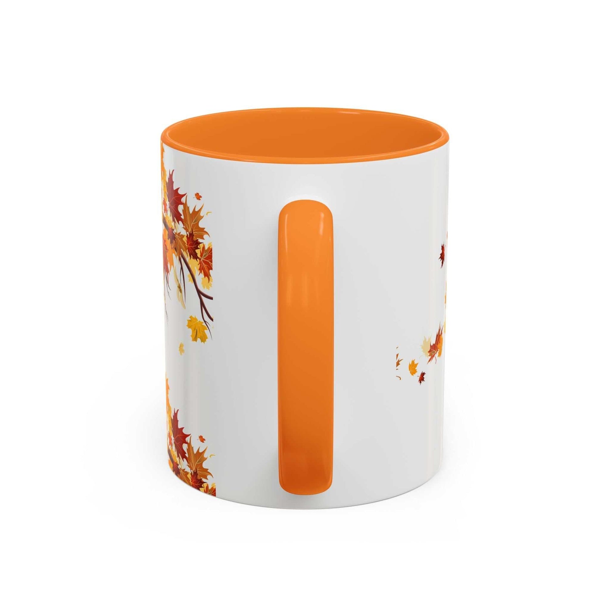 Fall Cozy Season Mug with orange handle and autumn leaves design, dishwasher and microwave safe ceramic cup.