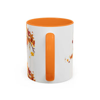 Fall Cozy Season Mug with orange handle and autumn leaves design, dishwasher and microwave safe ceramic cup.