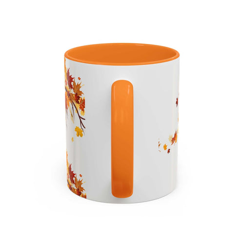 Fall Cozy Season Mug with orange handle and autumn leaves design, dishwasher and microwave safe ceramic cup.