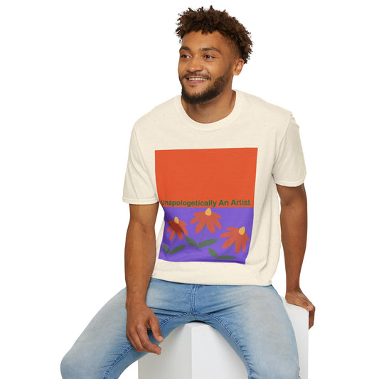 Man wearing Unapologetically An Artist T-Shirt with floral design and colorful block print