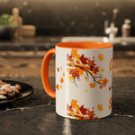 Fall Cozy Season Mug with orange handle and vibrant autumn leaves design on glossy ceramic cup for seasonal hot beverages