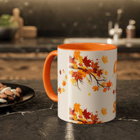 Fall Cozy Season Mug with orange handle and vibrant autumn leaves design on glossy ceramic cup for seasonal hot beverages